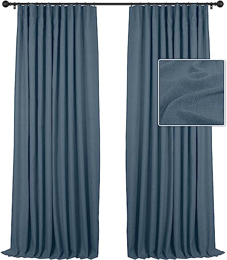 INOVADAY Blackout Curtains, 2-Panel Linen Textured 100% Thermal Insulated Room Darkening Sun Blocking Drapes for Bedroom, Nursery, Living Room + 20 Curtain Ring Clips - Stone Blue W50”xL108”