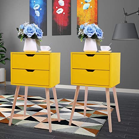 JAXPETY Set of 2 Nightstand 2 Drawers End Table Storage Wood Cabinet Bedroom Accent Side Table (Yellow)