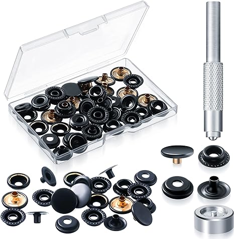 12 Sets Snap Fastener Kit, Press Studs Snap Fasteners Clothing Snaps Button with 2 Pieces Installation Tools for Bags, Jeans, Clothes, Fabric, Leather Craft (Black)