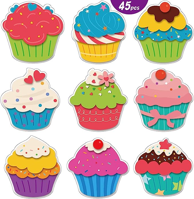 45 Pieces Colorful Cupcake Cutouts Versatile Classroom Decoration Creative Cupcake Cutouts with Glue Point Dots for Bulletin Board Classroom School Birthday Party, 5.9 x 5.9 Inch