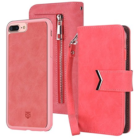 Majesticase iPhone 7 Plus Wallet Case Premium Suede Leather Wristlet & Detachable Removable Magnetic Hybrid Protective Shell Cover & Back Zipper   Removable Strap - Coral Pink