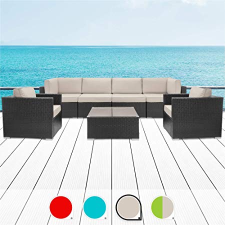 Walsunny 7pcs Patio Outdoor Furniture Sets,Low Back All-Weather Rattan Sectional Sofa with Tea Table&Washable Couch Cushions (Black Rattan (Khaki Armrest Version