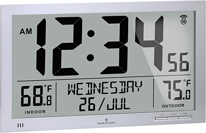 Marathon Slim Atomic Wall Clock | Digital Wall Clock with Calendar with Indoor/Outdoor Temperature | Large Display Wall Clock | Foldable Stand