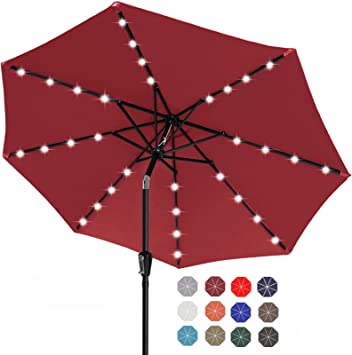 ABCCANOPY 9FT Patio Umbrella Ourdoor Solar Umbrella LED Umbrellas with 32LED Lights, Tilt and Crank Table Umbrellas for Garden, Deck, Backyard and Pool(Burgundy)