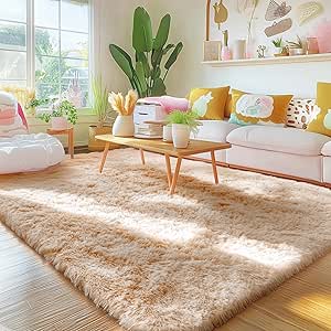 OLANLY Area Rugs for Living Room Bedroom, Machine Washable 4x5.9 Feet Soft Fluffy Shaggy Bedside Rug, Indoor Floor Carpet for Kids Girls and Boys, Dorms, Nursery Rooms, Home Decor Aesthetic, Beige