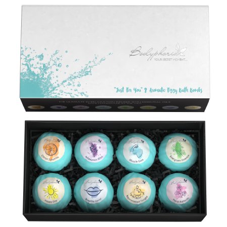 Luxurious 100% Natural 8 Bath Bomb Gift Box - New Larger 3.5oz Size - Pure Essential Oils for the Best Lush, Relaxing Bath. For Women & Men, Bodyphoria Fizzies Make the Perfect Special Day Set