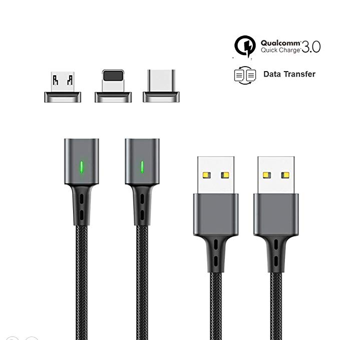 Magnetic Charging Cable & Data Transfer Universal Plugs Micro USB Type C Compatible for I-Products Premium Durable Braided Nylon High Speed Charging Cable (2 Pack Black 3ft)