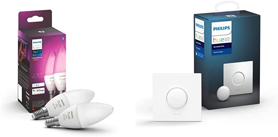 Philips Hue White & Colour Ambiance Smart Light Bulb Candle Twin Pack LED [E14] with Bluetooth - 1100 Lumen   Hue Smart Button. Works with Alexa, Google Nest, Apple Homekit.