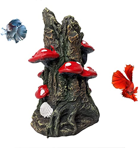 kathson Hollow Trunk Aquarium Decoration with Mushroom Fish Tank Landscape Resin Ornament for Small and Medium Tank