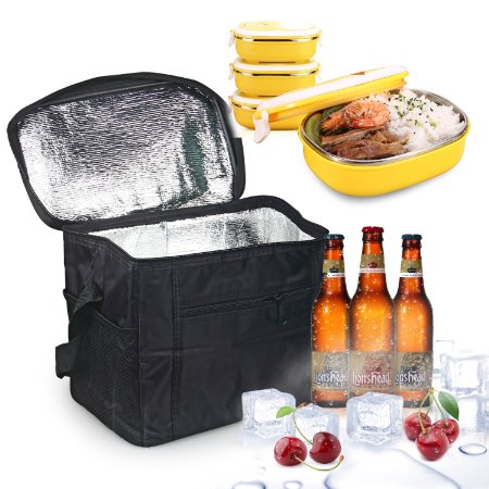Large Insulated Bag, Oumers Lunch Tote Bag Box Cooler Bag, Silver Interior and Long Handles, Picnic Cold Drink Insulation Bag Cooler Bag Freezable, Keep Food and Drinks cool on the Outdoor Camping Picnic and Fishing, Black
