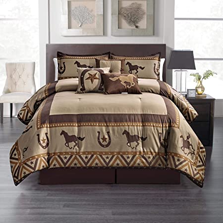 Sapphire Home 7 Piece Queen Comforter Set with Shams Bedskirt Cushions, Country Western Running Horse Shoe Cowboy Design Bed Cover Bed in a Bag, Brown, 7pc Queen Horse