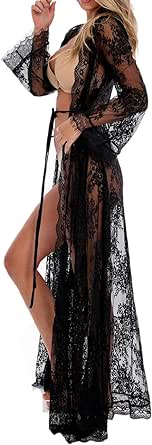 Bsubseach Black Lace Long Bikini Cover Ups Beach Swimsuit Coverup Kimono Cardigan Snow Pattern for Swimwear Women