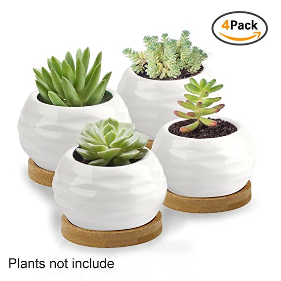 Succulent Planter, ZOUTOG White Mini 3.7 inch Ceramic Flower Planter Pot Set with Bamboo Tray, 4 in Set (Plants NOT Included)