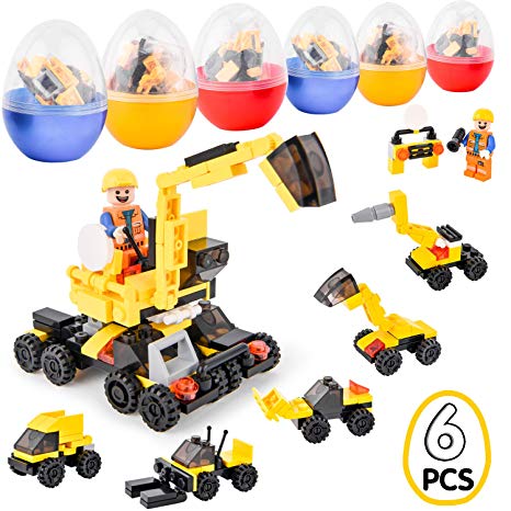 6 PCS Easter Eggs Filled with Building Blocks Construction Vehicles Toys to Build Forklift, Crane, Bulldozer, Excavator Car Educational Toys Great as Party Supplies , Easter Basket Fillers for Boys