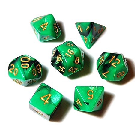Set of 7 Polyhedral Dice (7 Die in Pack)- Role Playing Game Dice- D4, D8, D10, D%, D12, and D20, GFDay Exclusive - Green and Black Marbled Swirl