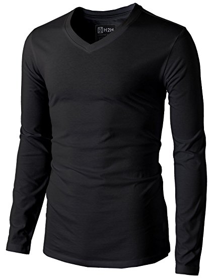 H2H Mens Casual Premium Soft Cotton Long Sleeve V-neck T-Shirts