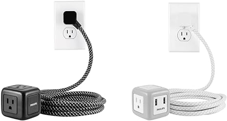 Philips 3-Outlet Cube Cord, 10 Ft Extension Cord, Adapter Spaced Outlets &, Gray/White, 3 Outlet Rubberized Cube, 2 USB, 2.4A, 10ft Braided Cord, SPS3102WB/37