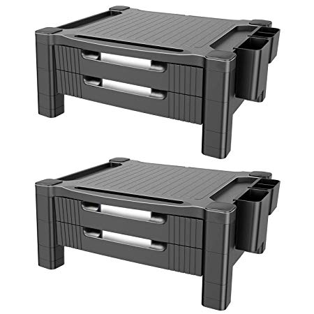 Monitor Stand Riser with Dual Storage Drawers - Adjustable Computer Screen Riser Printer Stand, Desk Organizer with Phone and Tablet Slot - Removable Holder for Pen Pencil Office Supplies(2 Pack)