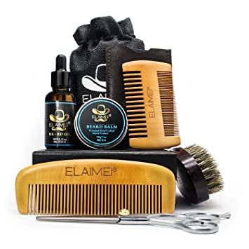 Beard Kit for Men Care - 100% Boar Bristle Beard Brush, Wooden Beard Combs, Unscented Beard Oil Leave-in Conditioner, Mustache & Beard Balm Butter, Barber Scissors for stocking Growth Gift (6pcs)