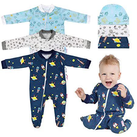 Lictin Baby Footed Pajamas (0-3M) with Anti-Slip Rubber Footies - 100% Cotton 3pc Baby Long-Sleeved Romper Zipper Pajamas with 3pc Hat White/Blue/Navy