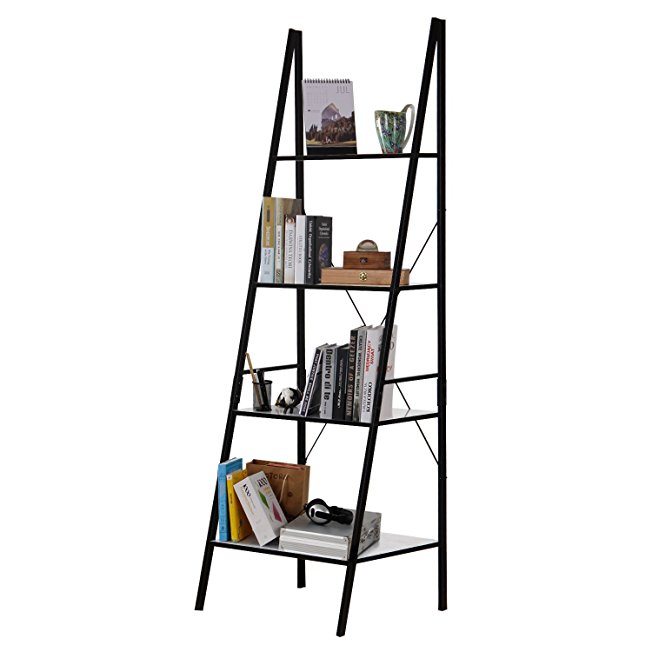 Lifewit 4 Tiers Ladder Bookcase, Leaning Bookshelf Display Wall Storage Shelves Unit Carbon Steel (Black White)