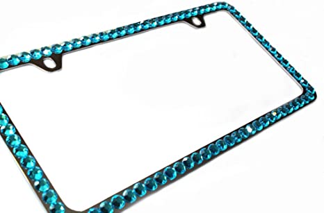 Hotblings 1 Row Turquoise Blue Rhinestone Bling Sparkle Metal License Plate Frame & Caps Set