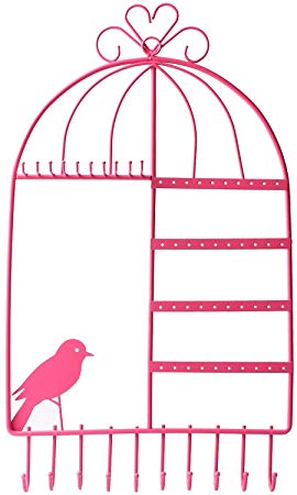 WELL-STRONG Earring Necklace Holder Birdcage Wall Mount Jewelry Organizer Hanger for Girls Pink