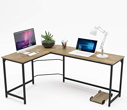 WeeHom Reversible L Shaped Corner Computer Desk Round Corner Gaming Desk Industrial Styled Home Office Workstation Wood & Metal
