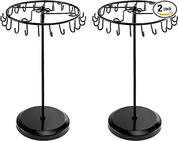 QWORK Spinning Jewelry Tree Display Stand, Jewelry Organizer with 23 Hooks, Black, 2 Pack