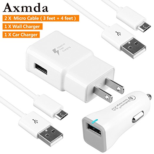 Adaptive Fast Charger Kit for Samsung Galaxy S7 & S7 Edge, Axmda Quick Charge 2.0 Adapter Micro USB 2.0 Cable Kit【Wall Charger   Car Charger   2 x Micro Cable】 for Note 4, S3, S4, S6, S6 Edge and more