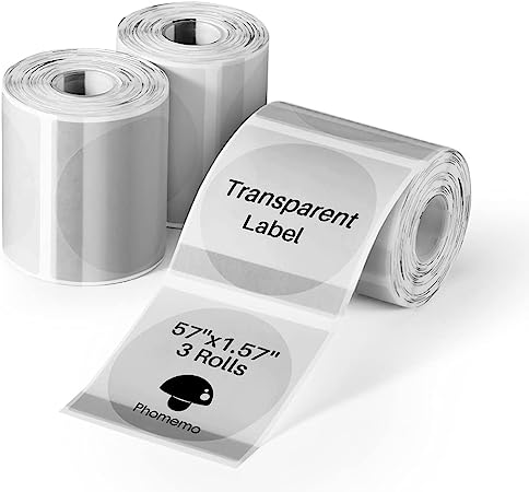 3 Rolls Circle Transparent Thermal Label Paper, Phomemo M110/M220/M120/M200/M221 Label Printer Round Paper, Self-Adhesive Thermal Printer Paper, Black on Clear,1.57"X1.57"(40mm40mm) 180 Labels/Roll