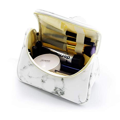 Marble Makeup Bag Cosmetic Case Bag Portable Travel Marble Cosmetic Bag with Brush Holders, Gold Zippers, Waterproof Organizer Case for Women and Girls