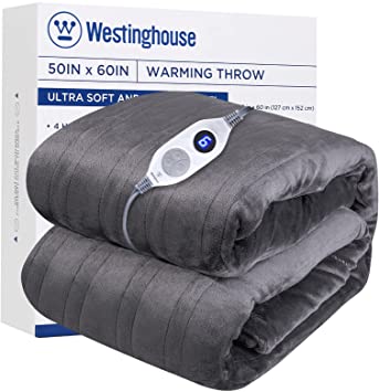 Westinghouse Electric Blanket Throw Heated Blanket Soft Silky Flannel, Machine Washable, 6 Heat Settings & 4 Hours Auto Off, Dark Grey