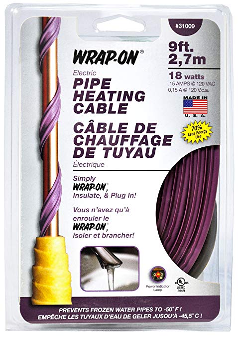 WRAP-ON Pipe Heating Cable - 9-Feet, 120 Volt, Built-in Thermostat, Low Wattage - 31009