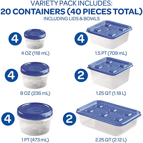 Ziploc Food Storage Meal Prep Containers, Variety Pack, 40 Count, Twist N Loc & Press & Seal