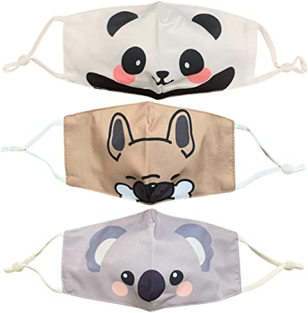 Kids 3 Pack of Washable and Reusable Breathable Cotton 2 Layer Face Mask with Adjustable Straps (Panda Koala Dog)