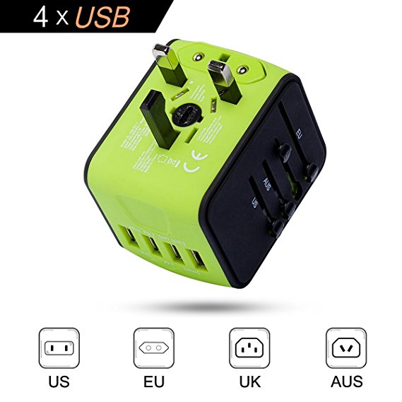 International Power Adapter, Universal Travel Adapter, Travel Plug Adapter, Worldwide Wall Charger, All In One Travel Outlet Adapter with 4 USB 3.4A, for UK, EU, US, AUS, and more 170 countries