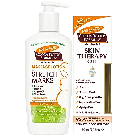 Palmer's Stretch Mark Care Body Lotion   Body Oil Bundle, Cocoa Butter Formula with Vitamin E Skin Care for Pregnant Women, Includes 1 Massage Oil (5.1 fl oz) and 1 Massage Lotion (8.5 fl oz)