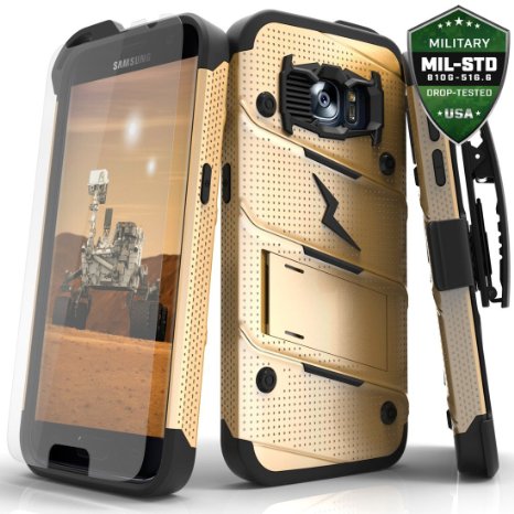 Zizo® Bolt Cover For Samsung Galaxy S7 [.33mm 9H Tempered Glass Screen Protector] included |Military Grade| Case   Kickstand   Lanyard   Holster Clip (Gold/Black)