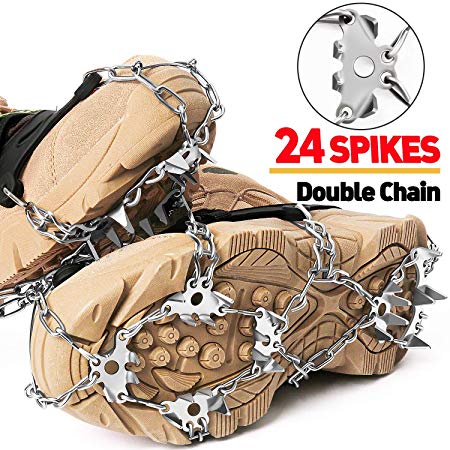 24 Spikes Crampons Ice Cleats Traction Snow Grips for Boots Shoes,Anti-Slip Stainless Steel Spikes,Microspikes for Hiking Fishing Walking Climbing Jogging Mountaineering.