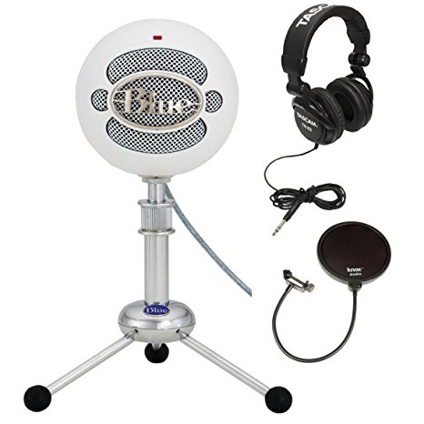 Blue Microphones Snowball USB Microphone (Textured White) with Full Size Studio Headphones and Pop Filter