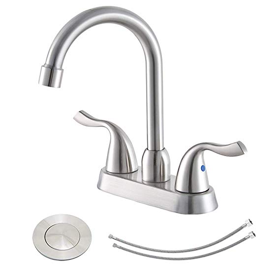 Hotis Commercial Two Handle Brushed Nickel Bathroom Faucet, Lavatory Bathroom Faucets with Water Supply Lines & Pop Up Drain