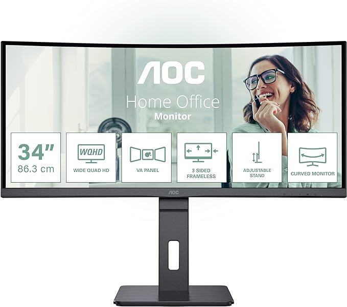 AOC CU34P3CV - 34 Zoll WQHD Curved Monitor, höhenverstellbar, Lautsprecher (3440x1440, 100 Hz, HDMI, DisplayPort, USB-C (65W PD), RJ45, USB Hub) schwarz