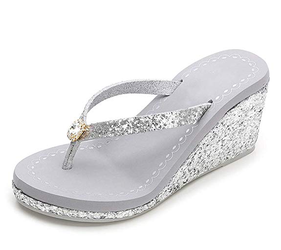 Hanxue Womens Glitter Chunky Wedge Flip-Flops Sandals