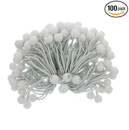 ABN 6” Inch Ball Bungee 100-Pack – White Bungee Cord Loop Straps with Plastic Balls for Tarp Tie Down, Lacrosse, Soccer