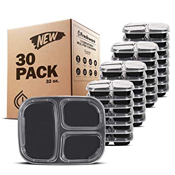 Freshware Meal Prep Containers [30 Pack] 3 Compartment with Lids, Food Storage Containers, Lunch Box | BPA Free | Stackable | Bento Box, Microwave/Dishwasher/Freezer Safe, Portion Control (32 oz) …