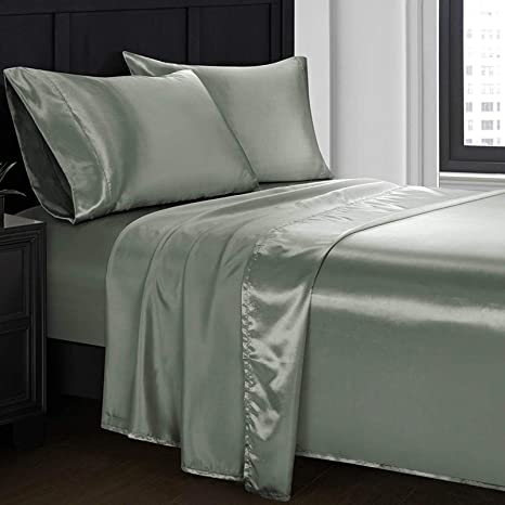 Homiest 4pcs Satin Sheets Set Luxury Silky Satin Bedding Set with Deep Pocket, 1 Fitted Sheet   1 Flat Sheet   2 Pillowcases (Queen Size, Dark Grey)