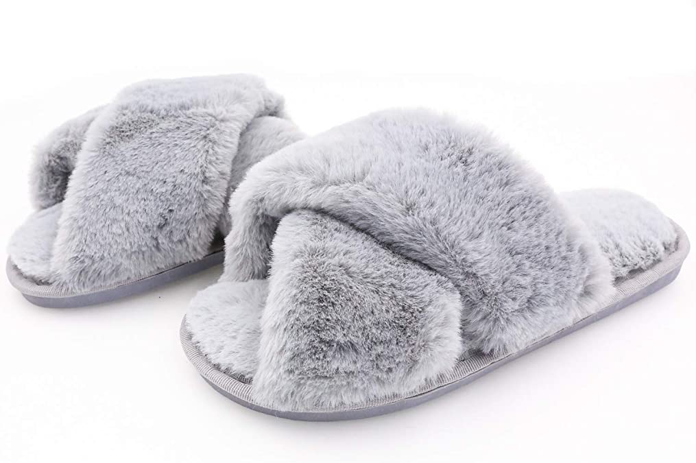 Topgalaxy.Z Women's Cross Band Soft Plush Fuzzy House/Indoor Slippers,Open Toe Faux Fur Fluffy Flats Slippers Warm Comfy Cozy Bedroom Slide Slippers