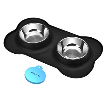 Dog Bowls Stainless Steel Double Pet Bowl Set 24 oz Feeder Bowl in Bone Shape No-Skid Silicone Tray for Dogs and Cats by Delomo