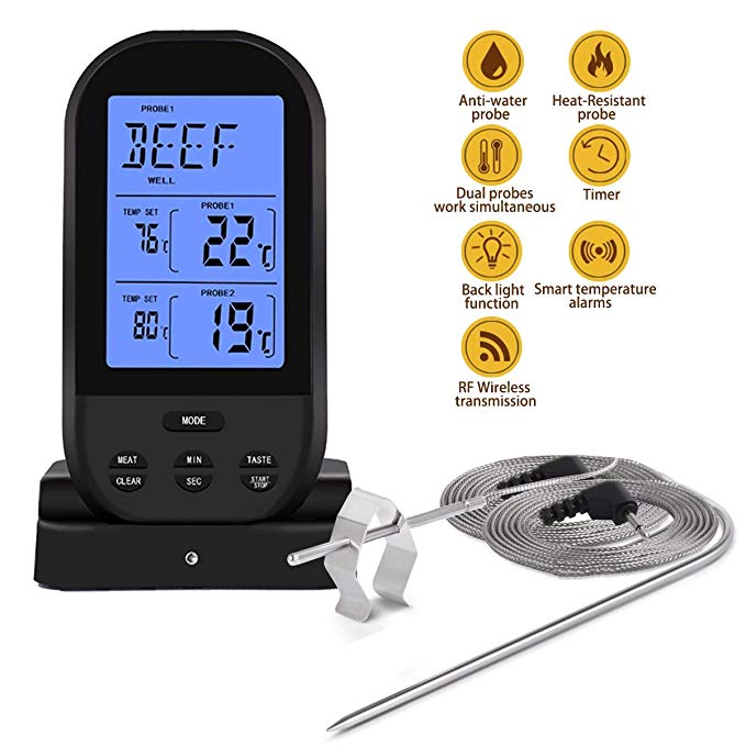 Eleston Wireless Remote Dual Probe Meat Thermometer Instant Read Timer Thermometer with LCD Screen Stainless Steel Temperature Probe for Cooking Grilling Oven BBQ(Black)